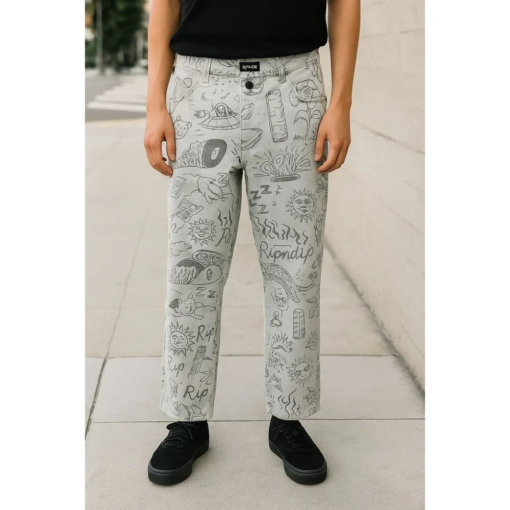 RipNDip Gray Doodle Print Jeans Unisex‎ Size 30
